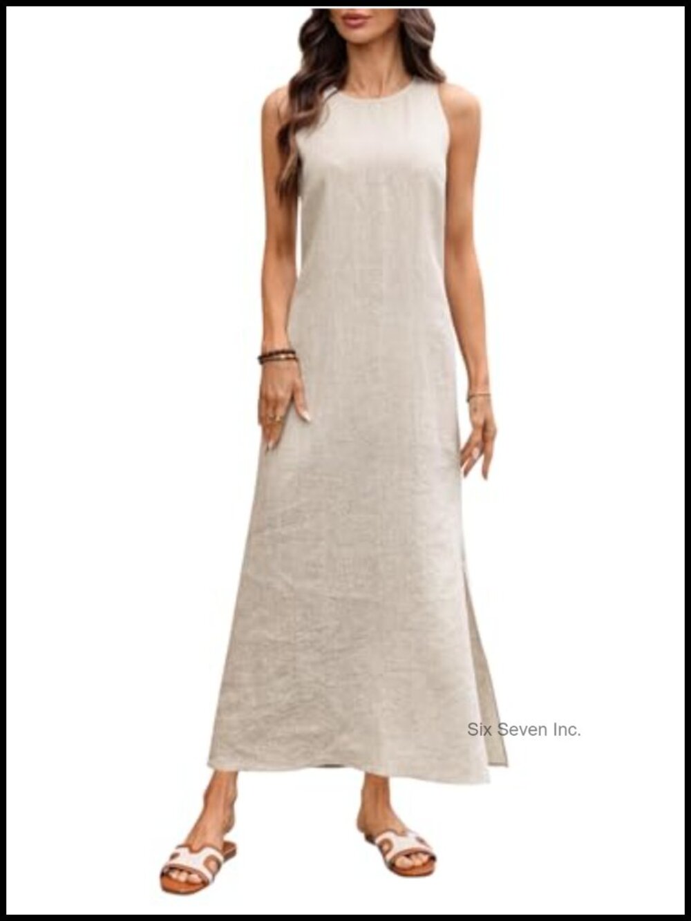 100% Linen Sleeveless Crewneck Maxi Dress Side Slit Summer